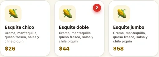 Recorte del punto de venta: tres productos del menú con sus ingredientes y su precio; uno marca que van dos en la orden.
