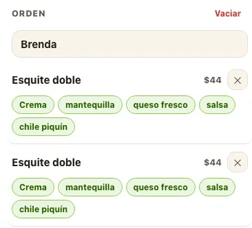 Recorte del punto de venta: la orden en curso con el nombre del cliente y los ingredientes de cada producto.