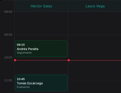 Recorte de la agenda de fisioterapia: dos terapeutas en columnas, con sus citas de la mañana y la línea de la hora actual.