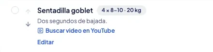 Recorte de la plataforma de rehabilitación: un ejercicio con series, repeticiones, carga y una indicación.