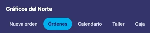 Recorte del sistema de taller gráfico: el menú con nueva orden, órdenes, calendario, taller y caja.