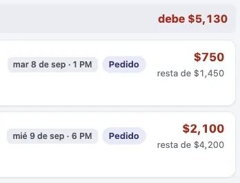 Recorte del sistema de taller gráfico: lo que se debe en la semana y dos órdenes con su fecha de entrega y su saldo.