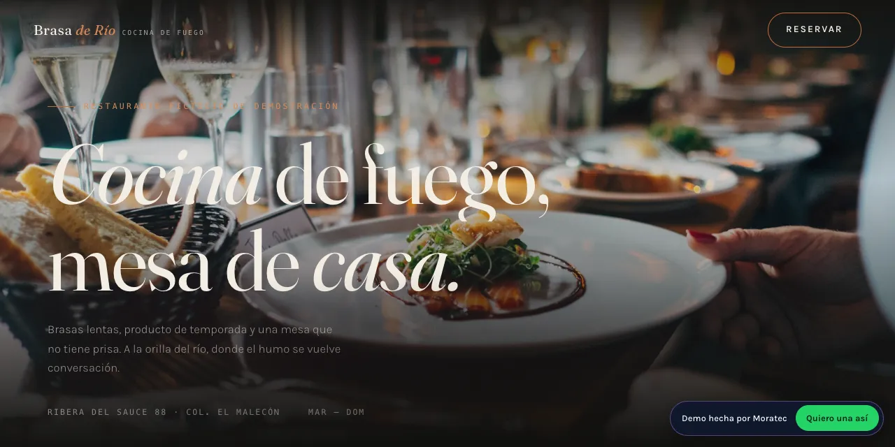 Portada de una página web de restaurante hecha por Moratec; negocio inventado
