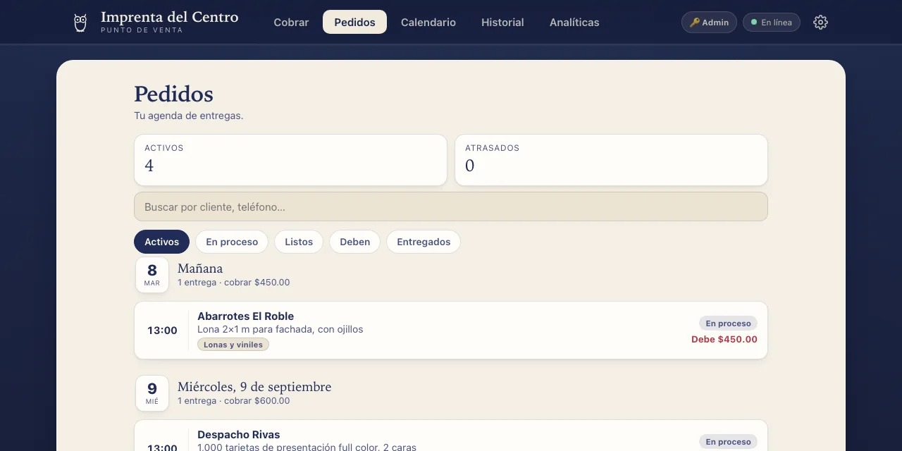 Agenda de entregas agrupada por día, con el importe por cobrar y el estado de cada pedido.