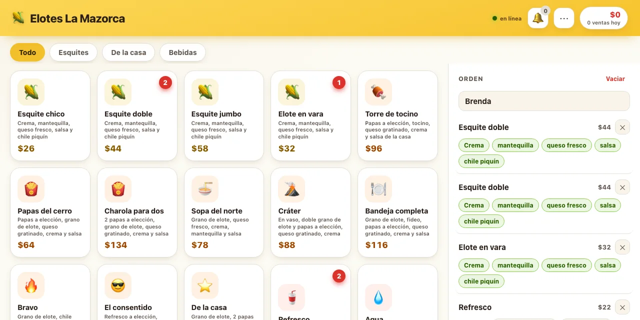 Pantalla de cobro del punto de venta para negocio de comida: menú por categorías y la orden en curso